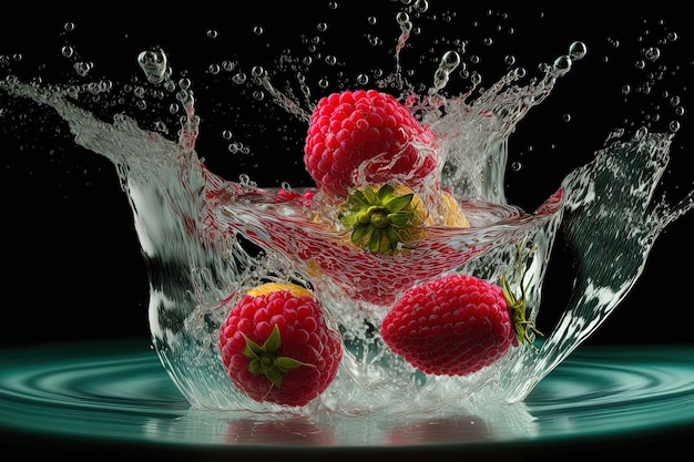 Raspberries splashing into air bubbled pure water