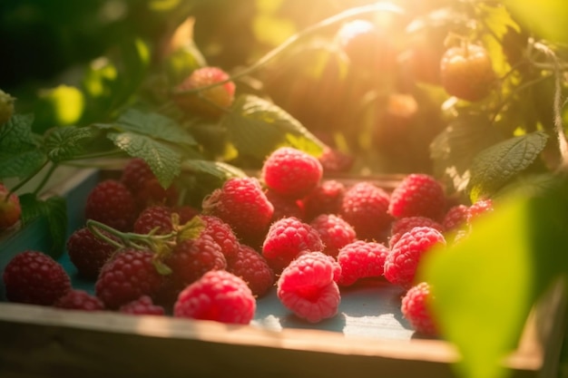 Raspberries on a tray with the sun shining on them