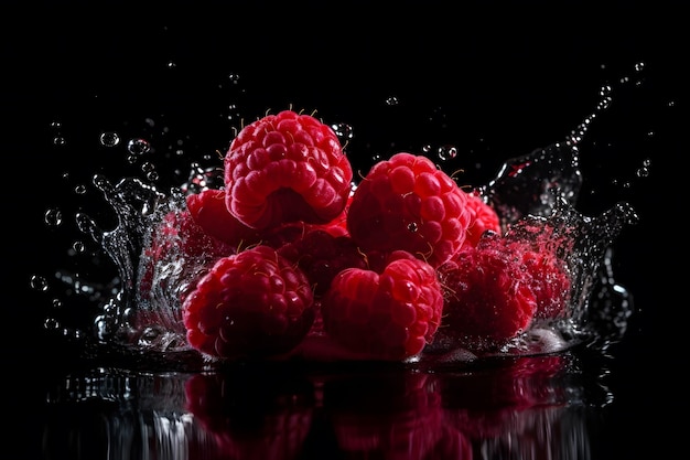 Raspberries and water splash on dark background Neural network AI generated