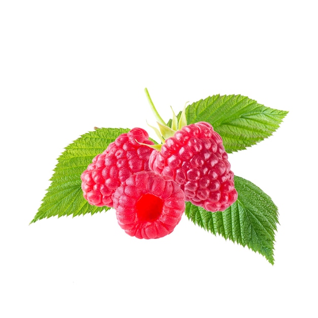 Raspberries with green leaves isolated on white background.