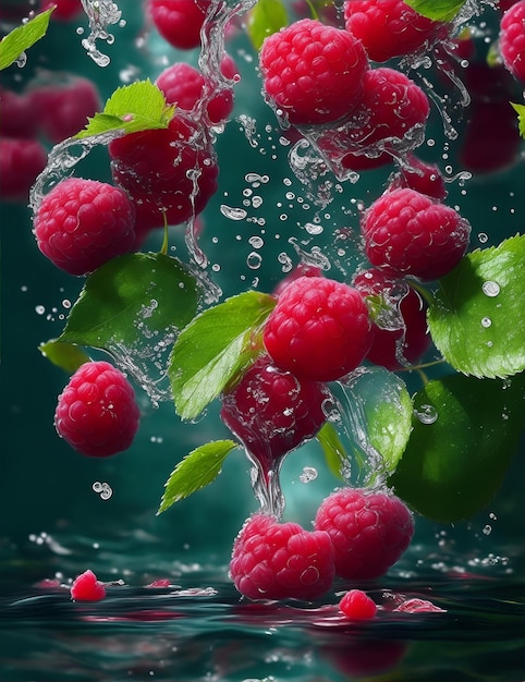 Raspberries with leaves dropping into water underwater Raspberries falling into crystal clear water