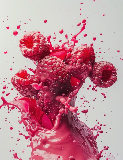 Photo raspberry abstract explosion liquid background white background