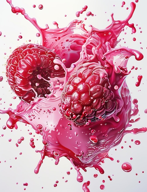 Photo raspberry abstract explosion liquid background white background