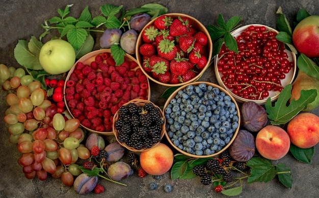 Raspberry Bilberry Gooseberry Cranberry and Currant Harvest Concept Top view high resolution product