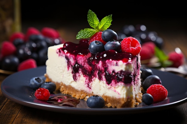 Raspberry and blueberry cheesecake on wooden table