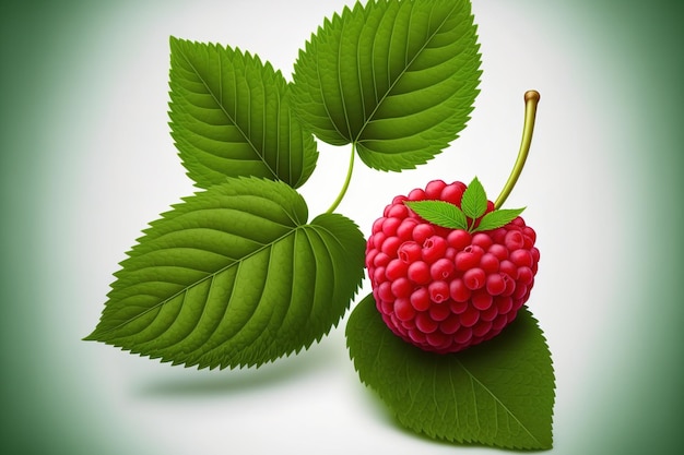 Raspberry by itself Two red raspberries with a single green leaf leaves of a raspberry isolated on white