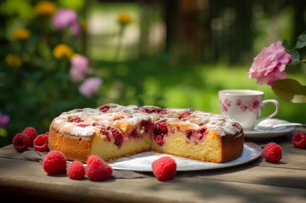 Raspberry cake in garden Generate Ai