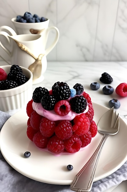 Photo a raspberry cake with berries on a plate with a spoon