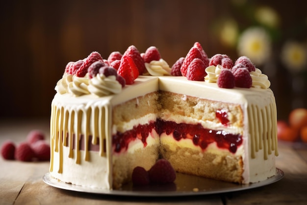 A raspberry cake with a bite taken out of it