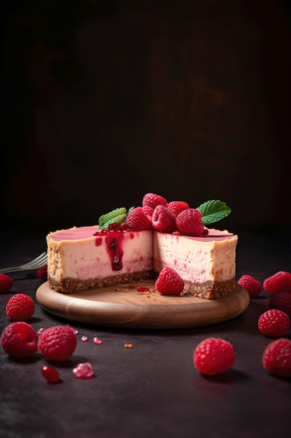 A raspberry cheesecake with a slice cut out