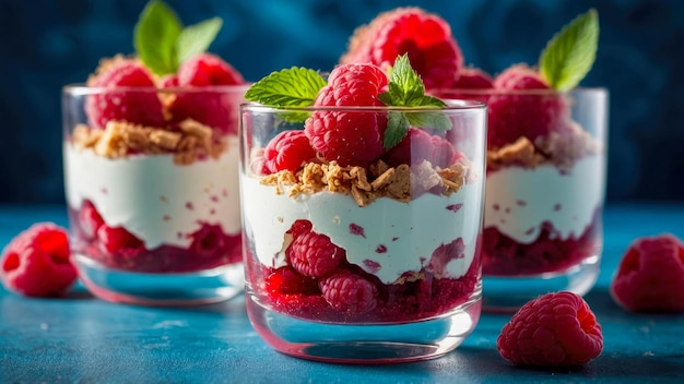 Photo raspberry dessert with yogurt and granola in glass on blue background