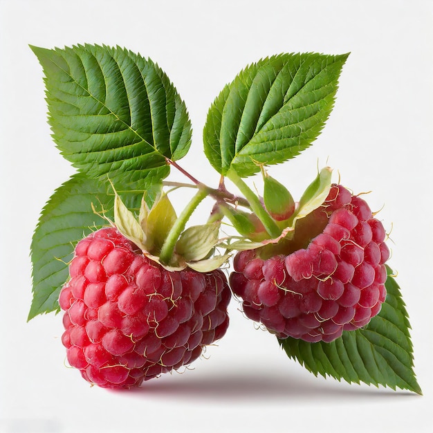 raspberry fruit background red three leaves bunch leaf fresh sweet design food white background plan