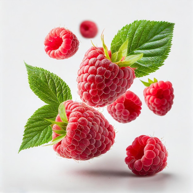 raspberry fruit background red three leaves bunch leaf fresh sweet design food white background plan