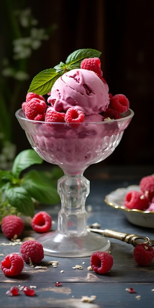 Raspberry ice cream in a bowl