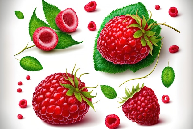 Raspberry isolated with clipping path falling raspberries and collection on white background