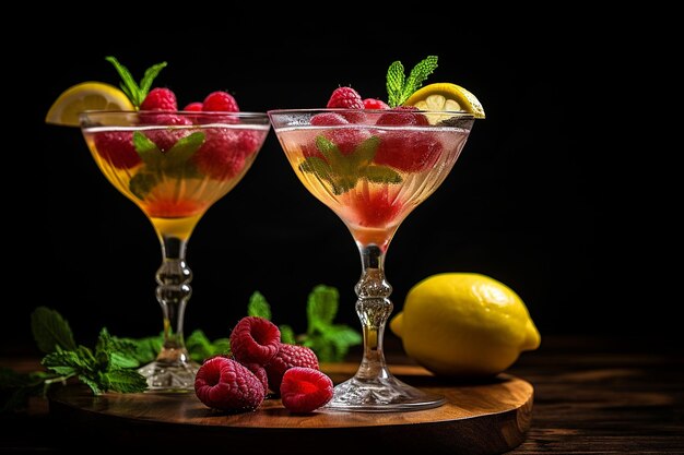 Raspberry and lemon thyme cocktail in martini glasses