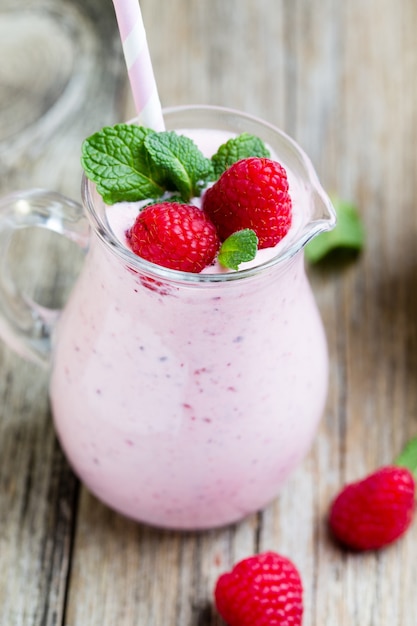 Raspberry milk shake with mint decor