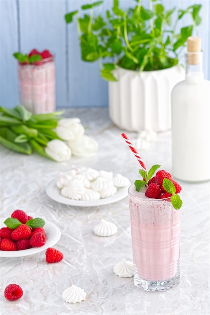 Raspberry milkshake non alcoholic cocktail raspberry smoothie weight loss concept