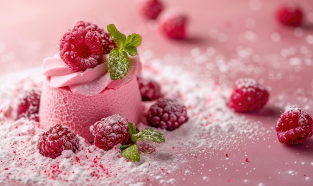 Photo raspberry mousse on a light pink surface