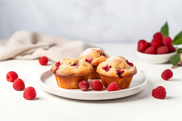 Raspberry muffins with fresh raspberries on a white table close up light background A delicious dessert or breakfast AI generated