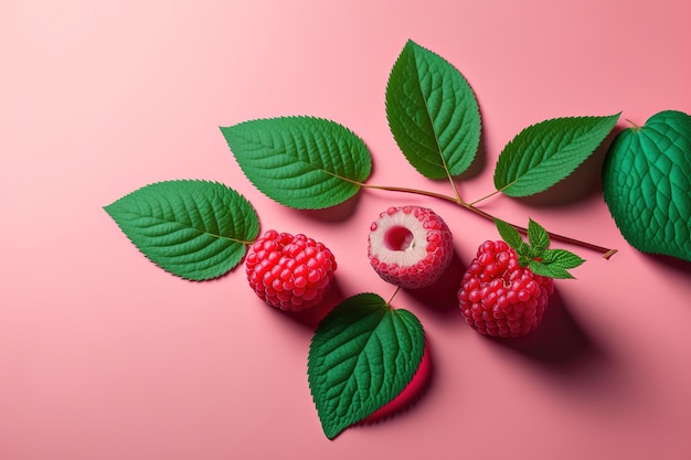 Raspberry on a pink background Red raspberries and a mint leaf are displayed flat original minimalism