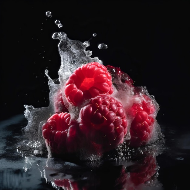 Raspberry in the splash of water on isolated black background