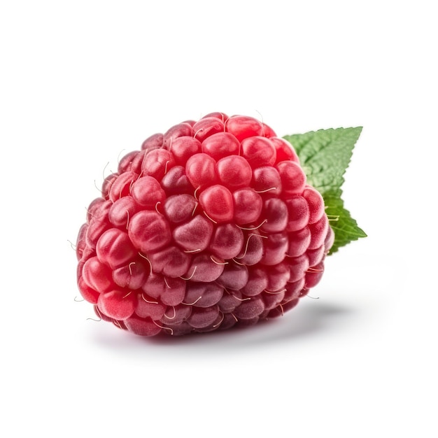 A raspberry with a green leaf on the top