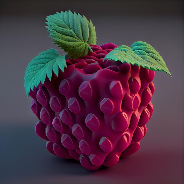 Raspberry with leafs on a dark background 3d illustration