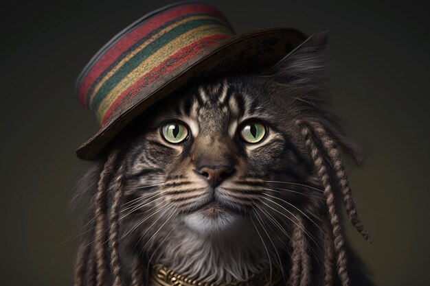 Rastaman cat with dreadlocks and a hat smoking a pipe