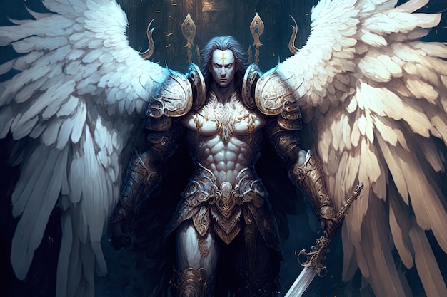 Raster artwork of a mystical angel in armor with large white wings