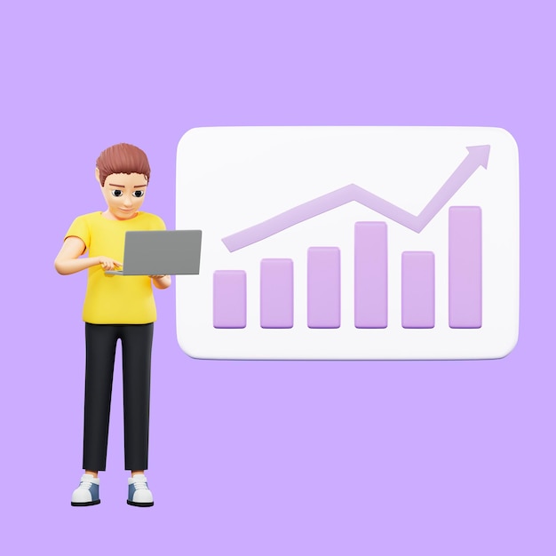 Raster illustration of man analyzes the data Young guy in a yellow tshirt holds a laptop in his hands and stands next to a graph with charts infographics 3d rendering artwork for business