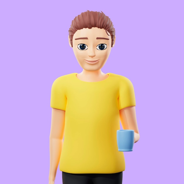 Raster illustration of man is drinking coffee Young guy in a yellow tshirt holds in his hands a glass a mug with a hot drink tea 3d rendering artwork for business and advertising