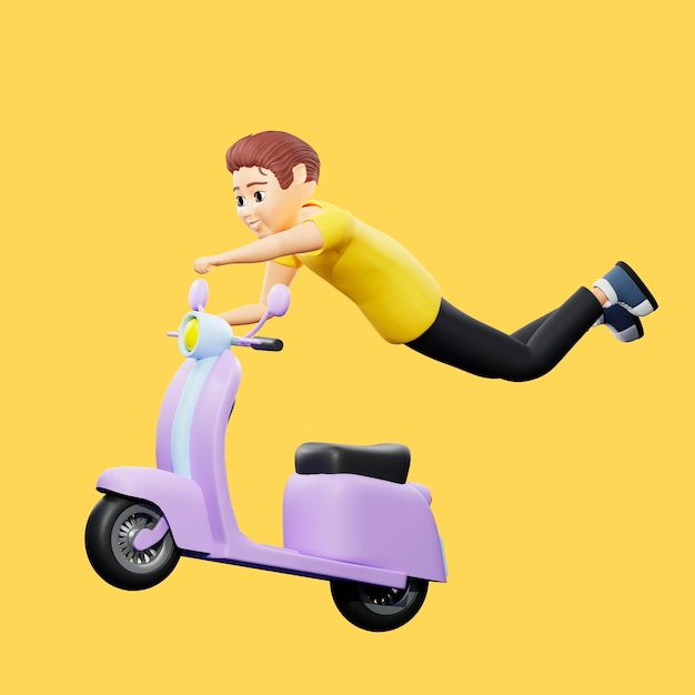 Raster illustration of man riding a scooter with arms and legs up Young guy in a yellow tshirt rides a motorcycle fly delivery transport speed traffic rules 3d render artwork for business