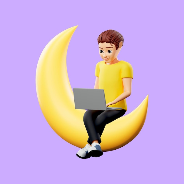 Raster illustration of man sitting on the moon Young guy in a yellow tshirt sits on laptop nigth work relaxes social networks surf the Internet 3d rendering artwork for business and advertising