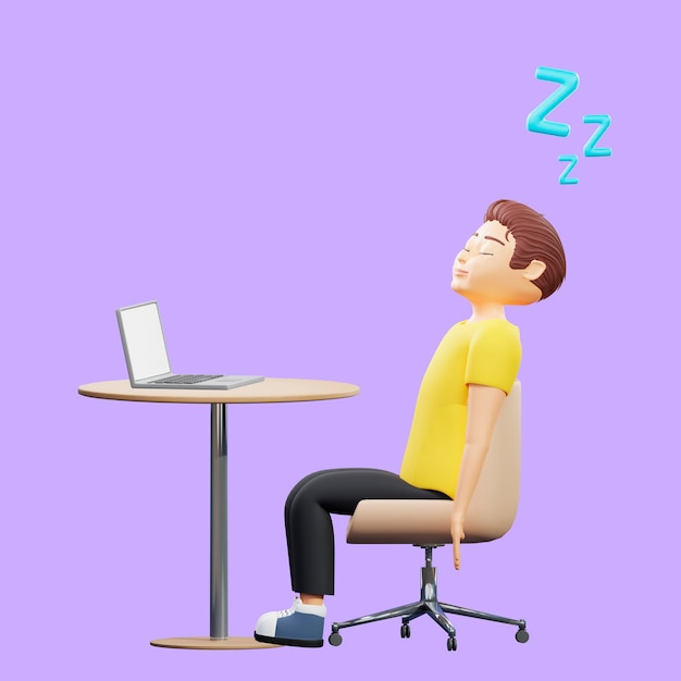 Raster illustration of man sleeping on the chair Young guy in a yellow tshirt fell asleep while worked at the computer Dream letter Z fell asleep sitting 3d rendering artwork for business