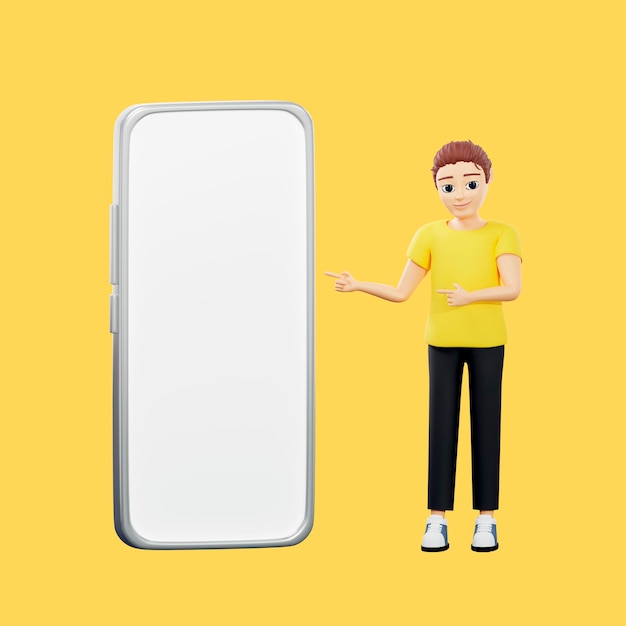 Raster illustration of man standing next to the phone Young guy in a yellow tshirt points a finger at a giant smartphone advertising new phone model technology screen 3d rendering artwork