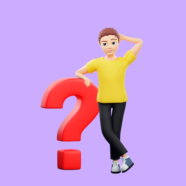 Photo raster illustration of man thinking about the problem with a red question mark a young guy in a yellow t shirt thought and scratching in the back of the head idea problem solving 3d render