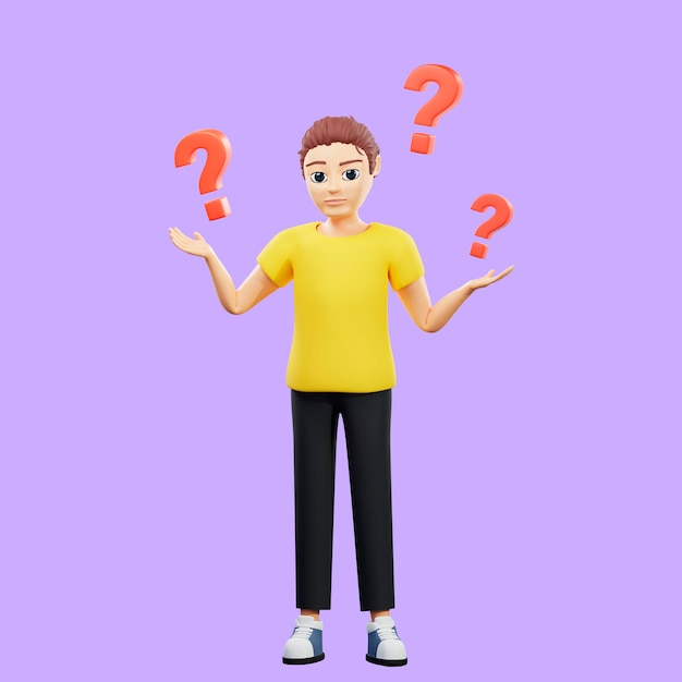 Raster illustration of man thinking about the problemwith a red question mark A young guy in a yellow T shirt thought idea pensive plan thoughtful problem solving 3d rendering artwork