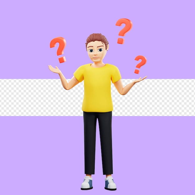 Raster illustration of man thinking about the problemwith a red question mark A young guy in a yellow T shirt thought idea pensive plan thoughtful problem solving 3d rendering artwork