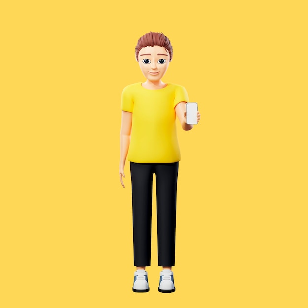 Raster illustration of man with mobile phone Young guy in a yellow tshirt show smartphone clicks the phone sits in social networks rest work technology watches media smartphone 3d artwork