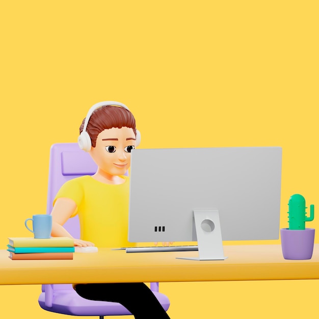 Raster illustration of man working at the desk in the office A young guy in a yellow tshirt sits on a chear in headphones with a phone and hot drink in a mug cactus 3d rendering artwork