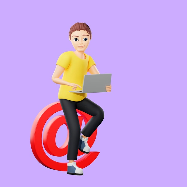 Raster illustration of man writes an email Young guy in a yellow tshirt holding a laptop and typing a message on the mail at address contact us 3d rendering artwork for business and advertising