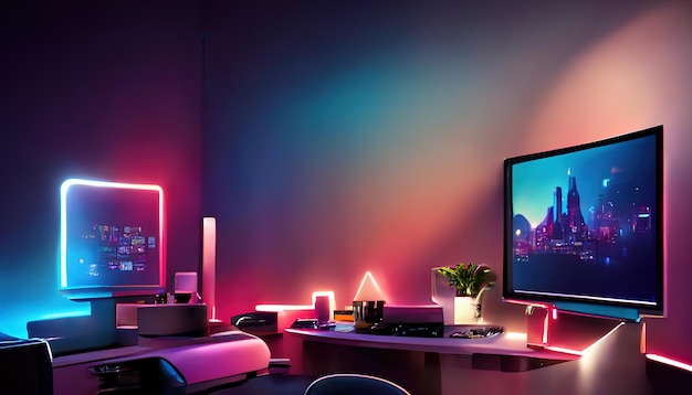 Raster illustration of workplace smart devices blue and pink colors 3D rendering