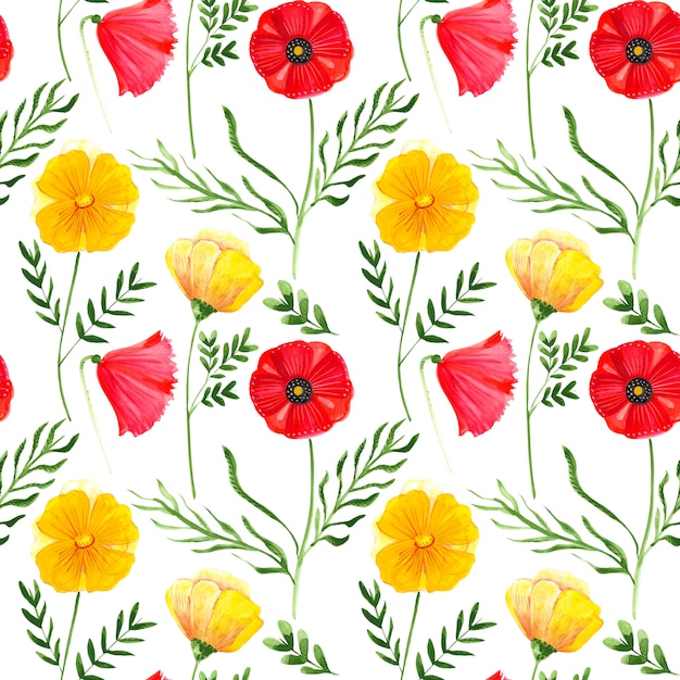 Raster seamless pattern illustration of watercolor poppies flowers with leaves 