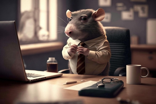 Rat character in suit working in the office