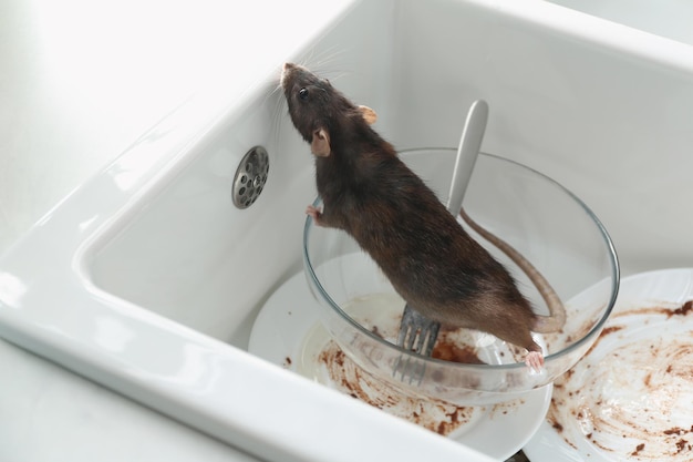 Rat and dirty dishes in kitchen sink Pest control