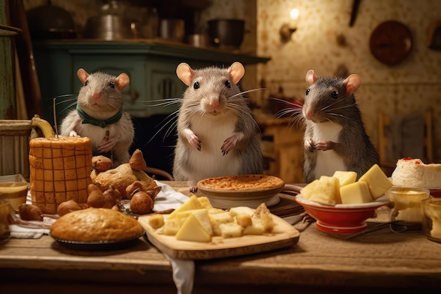 Rat Family Gathered Around Christmas Dinner Table With Festive Foods Generative AI