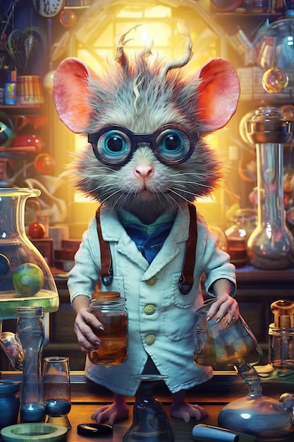 Rat mad scientist realistic colorful background detailed portrait intricate details rich colors realistic style animated animals for kids