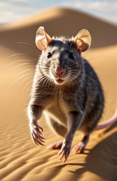 Photo rat running on background track desert nature wildlife and snow