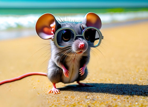 rat on a sandy beach with glasses by the sea Generative AI